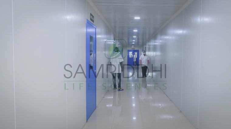 Clean production corridor with blue doors